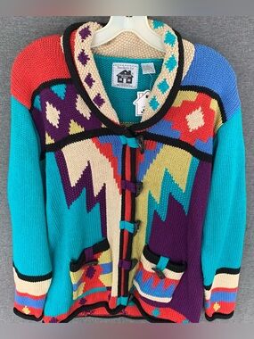 🆕 Handknits Storybook Knits Geometric Button Up Cardigan Sweater Aztec Boho